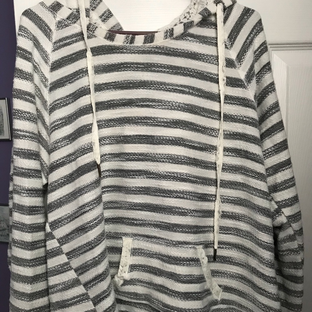 grey and white striped sweater with lace hood